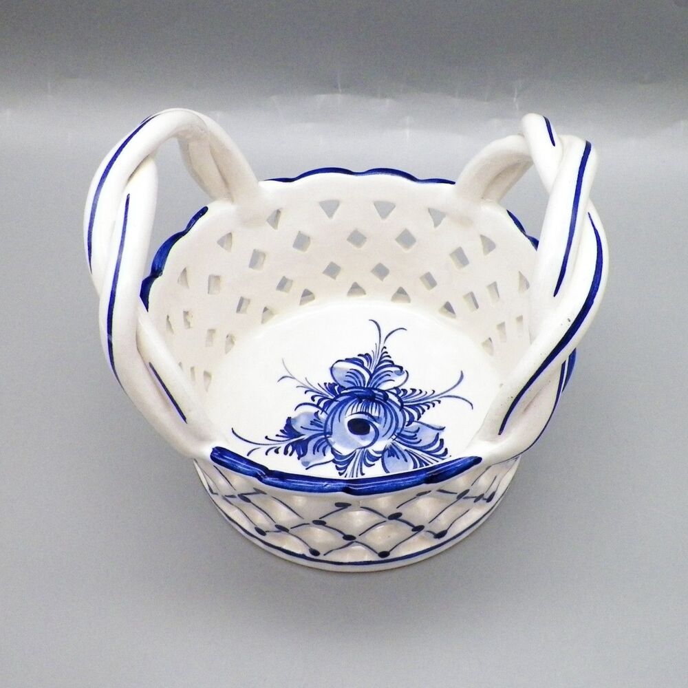 VTG Hand Painted Ceramic Basket Portugal Open Lattice Weave Dual Twisted Handles